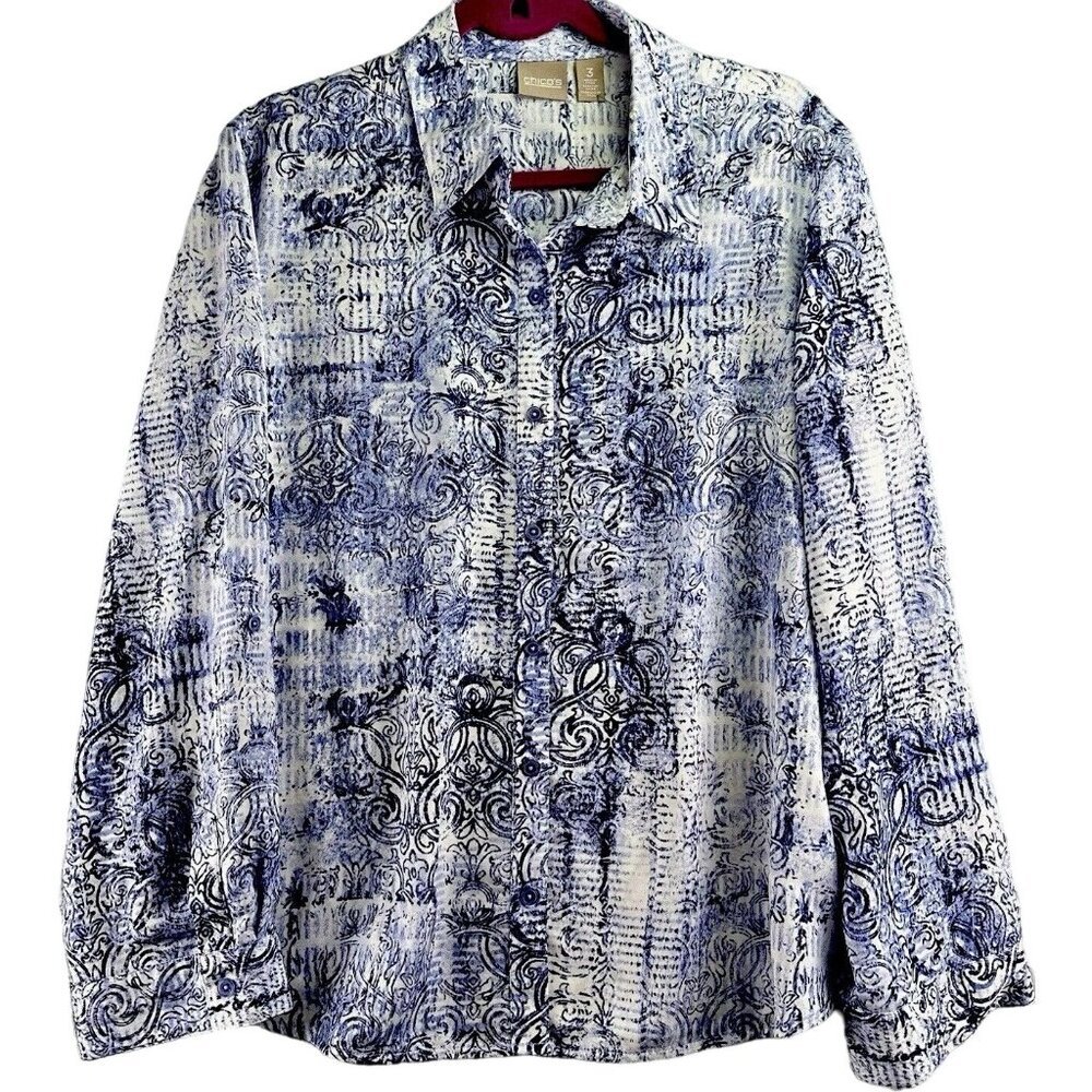 Chico's Fleur-de-lis Blouse Women’s Size 3 Blue XL/16 Easy Care Button Down - Picture 1 of 15